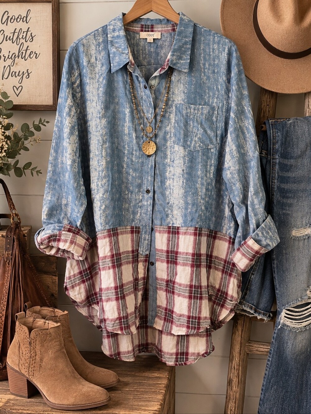 ODDY NWT Distressed Denim Plaid Mixed Media High Low Tunic L